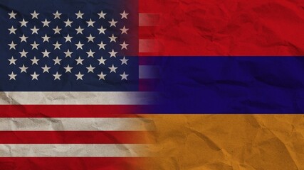 Armenia and United States America Flags Together, Crumpled Paper Effect Background 3D Illustration