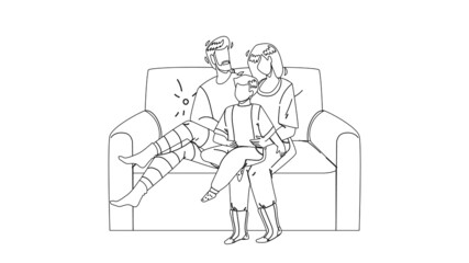 People Relaxing On Cozy Couch Together Black Line Pencil Drawing Vector. Father, Mother And Son Child Family Sitting On Cozy Sofa. Man, Woman And Boy Have Leisure Time In Living Room Illustration