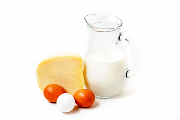 Organic Farm Food, Dairy Product And Eggs Isolated On White Background. 