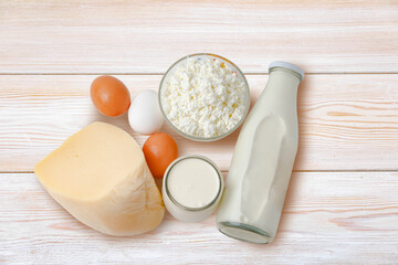 Organic Farm Food, Dairy Product And Eggs On Wooden Background. Flat Lay.