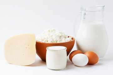 Organic Farm Food, Dairy Product And Eggs Isolated On White Background. 