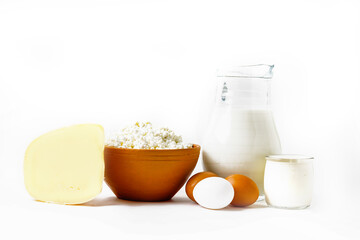 Fototapeta na wymiar Organic Farm Food, Dairy Product And Eggs Isolated On White Background. 