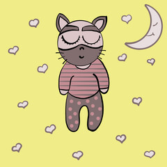 the little raccoon goes to bed, the baby raccoon goes to bed, the baby raccoon sleeps, in a striped jacket and polka-dot pants,with the moon, which smiles and sleeps, and stars-hearts
