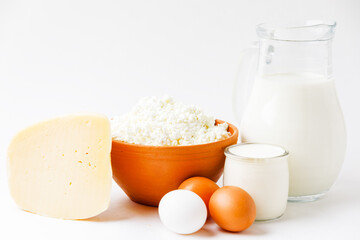 Organic Farm Food, Dairy Product And Eggs Isolated On White Background. 