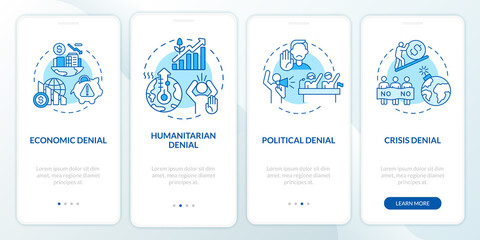 Fototapeta na wymiar Humanitarian denial onboarding mobile app page screen. Political and economic crisis walkthrough 3 steps graphic instructions with concepts. UI, UX, GUI vector template with linear color illustrations