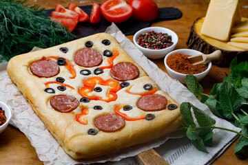 Creative Focaccia Pizza Inverted Pie Staffed Cheese And Food Art On The Top. 