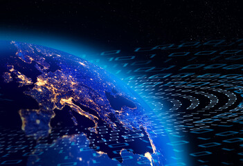 Digital binary data around Planet Earth, European city lights energy © Anterovium