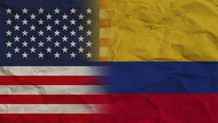 Colombia and United States America Flags Together, Crumpled Paper Effect Background 3D Illustration