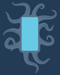 Smartphone with blanc screen and tentacles. Social media addiction conceptual illustration.