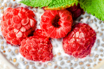 Healthy Dessert With Yoghurt, Raspberry, Chia Seeds And Mint Leaf In Glass On Gray Background. Close Up.