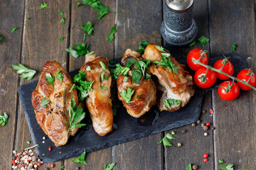 Lamb Meat On Black Board With Spices And Tomatoes On Wooden Background. Flat Lay.
