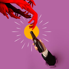 Artwork, ad poster with hand holding beer bottle with dark or light, cold beer isolated on purple...
