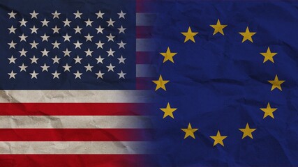 European Union and United States America Flags Together, Crumpled Paper Effect Background 3D Illustration