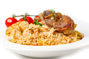 Traditional Pilaf With Lamb Meat And Vegetables Isolated On White Background. Side View, Close Up.