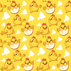 Easter seamless pattern with chickens in Easter eggs. Cute baby toddler chicks on a bright yellow background. Vector illustration in cartoon funny style for packaging