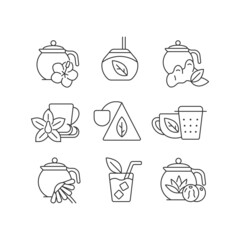 Tea and tea-like beverages linear icons set. Hot herbal beverages. Chai drink. Teacups and accessories. Customizable thin line contour symbols. Isolated vector outline illustrations. Editable stroke