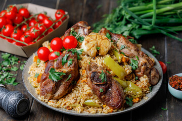 Traditional Pilaf With Lamb, Vegetables, Spices On Wooden Background. Side View.