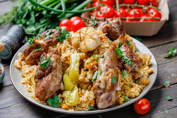 Traditional Pilaf With Lamb, Vegetables, Spices On Wooden Table Background. Side View.