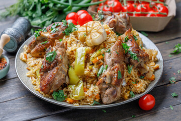 Traditional Pilaf With Lamb, Vegetables, Spices On Wooden Background. Side View.