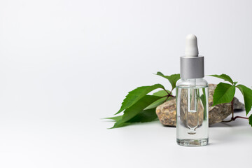 Obraz na płótnie Canvas Transparent glass cosmetic bottle with a pipette on a white background with stones and green fresh leaves. Background for cosmetics. Space for text and labels.