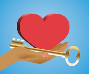 Hand holding golden key to heart. Vector illustration. EPS10.