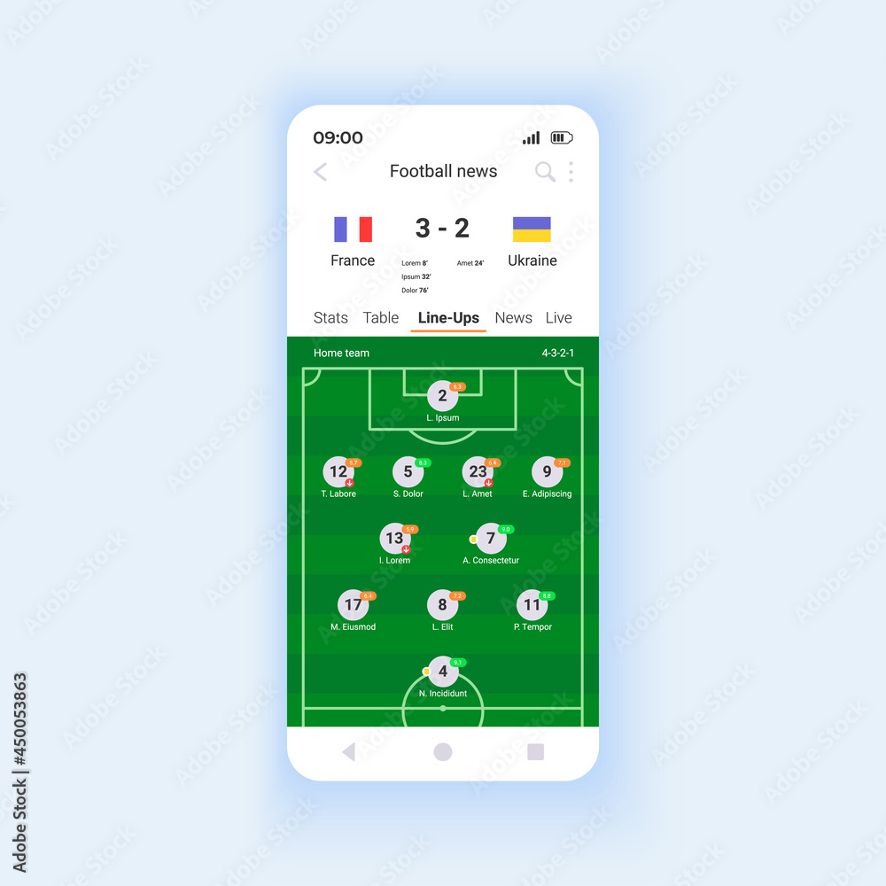 Poster football news and results smartphone interface vector template. mobile app page design layout. offic