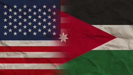 Jordan and United States America Flags Together, Crumpled Paper Effect Background 3D Illustration