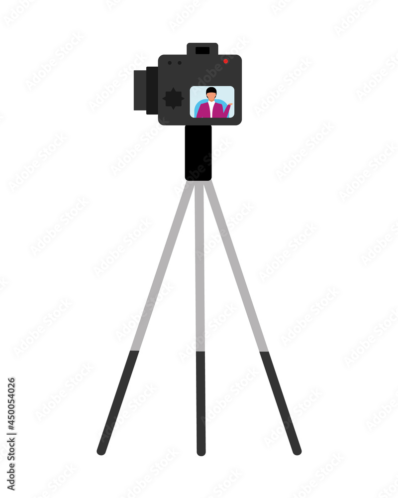 Poster camera on tripod semi flat color vector object. full sized item on white. professional photography. 