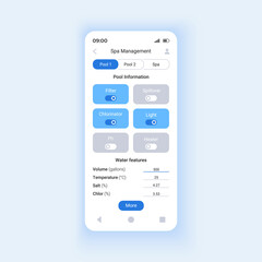 Spa management app smartphone interface vector template. Mobile app page design layout. Ethernet or wireless controller connection from anywhere screen. Flat UI for application. Phone display