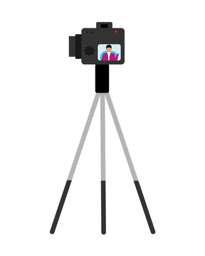 Camera on tripod semi flat color vector object. Full sized item on white. Professional photography. Recording video blog isolated modern cartoon style illustration for graphic design and animation