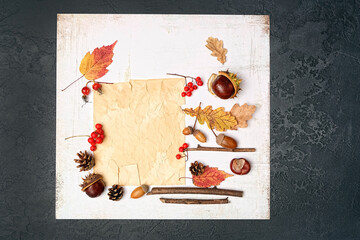 Autumn composition with paper blank, leaves, acorns, berries, nuts, cones, chestnut on dark background. autumn time concept. fall season. flat lay. copy space