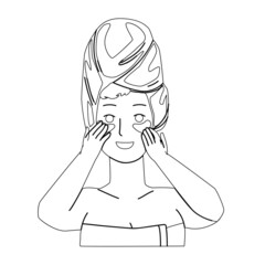 Eye Patch Using Girl For Beauty Procedure Black Line Pencil Drawing Vector. Young Woman Facial Skin Care With Eye Patch, Beauty Accessory. Character Lady Anti-aging Rejuvenation Mask Illustration