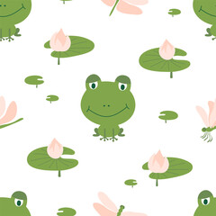 Seamless pattern of green frogs with dragonflies and lilies on a white background. Ideal for baby fabric, home decor, and wrapping paper.