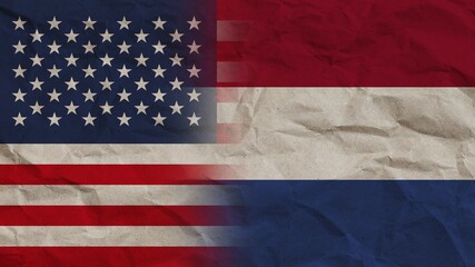 Netherlands and United States America Flags Together, Crumpled Paper Effect Background 3D Illustration