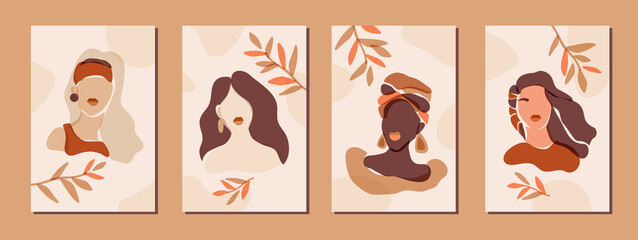 Vector collection of modern prints. Minimalist female faces print set. Boho aesthetic neutral female portrait posters. Diverse bohemian women beauty salon or home wall decor in rust neutral colors