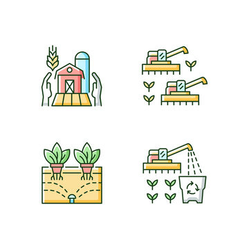 Agriculture and farming RGB color icons set. Ecological innovation and technology in farm business. Farmers support. Isolated vector illustrations. Simple filled line drawings collection