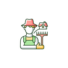 Rural workers RGB color icon. Man stands near barn. Labourer with tool. Rural area life. Farmer in village. Grow and produce food. Isolated vector illustration. Simple filled line drawing