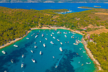 Aerial view of the bay with boats, Paklinski otoci islands in Hvar, Adriatic Sea in Croatia