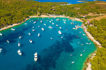 Aerial view of the bay with boats, Paklinski otoci islands in Hvar, Adriatic Sea in Croatia - obrazy, fototapety, plakaty