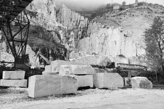 Marble quarry, Carrara. Italy black white.