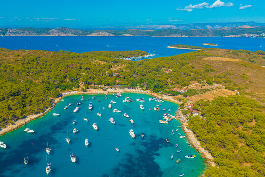 Aerial view of the bay with boats, Paklinski otoci islands in Hvar, Adriatic Sea in Croatia