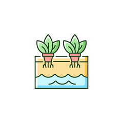 Hydroponics RGB color icon. Grow plants without soil. Farming herbs and vegetables in water. Greenhouse plantation. Use nutrients for plants. Isolated vector illustration. Simple filled line drawing