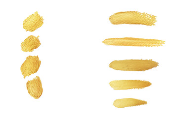 Gold paint stroke set. Gold brush abstract art illustration. Gold glittering design art brush...