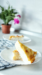 Cheesecake top view. Serving for breakfast.  Good morning. Home food