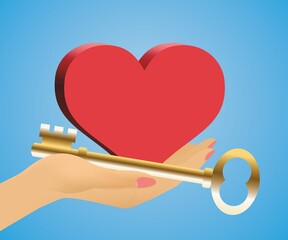 Hand with golden key and heart. Dimension 16:9. Vector illustration. EPS10. The image could be found with darker skin.