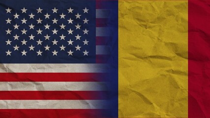 Romania and United States America Flags Together, Crumpled Paper Effect Background 3D Illustration