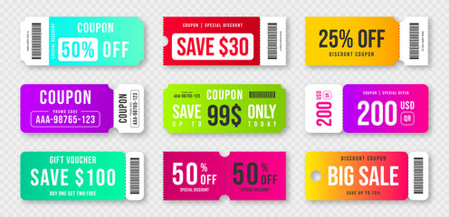 Set of discount coupons and gift vouchers. Discount voucher, gift coupon design. Colorful coupon template for big sale, special offer. Vector - obrazy, fototapety, plakaty