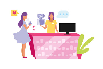 Female sales assistant offering perfume semi flat color vector characters. Full body people on white. Perfume business isolated modern cartoon style illustration for graphic design and animation