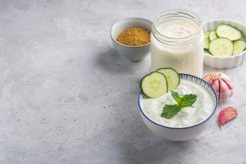 Traditional Indian Raita with Dahi in a bowl with copy space