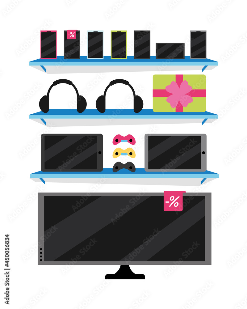 Poster electronics store semi flat color vector object. full sized item on white. shop window. buying elect